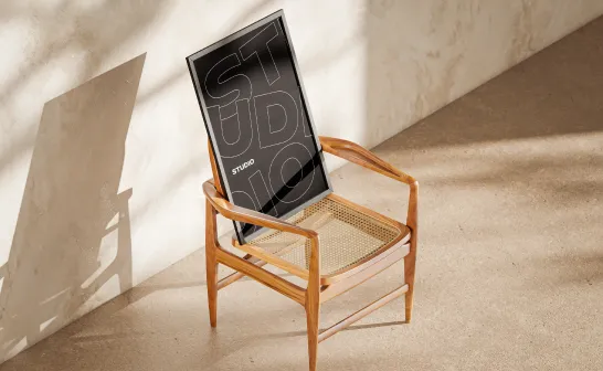Tablet on a wooden chair showing the Studio poster in daylight