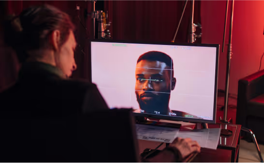 On set: a monitor showing the portrait being shot